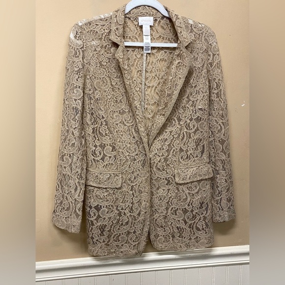 Chicos Lace Blazer Womens Size 0 Us 4  Beige Tan Jacket Sheer Open Front - Picture 1 of 5